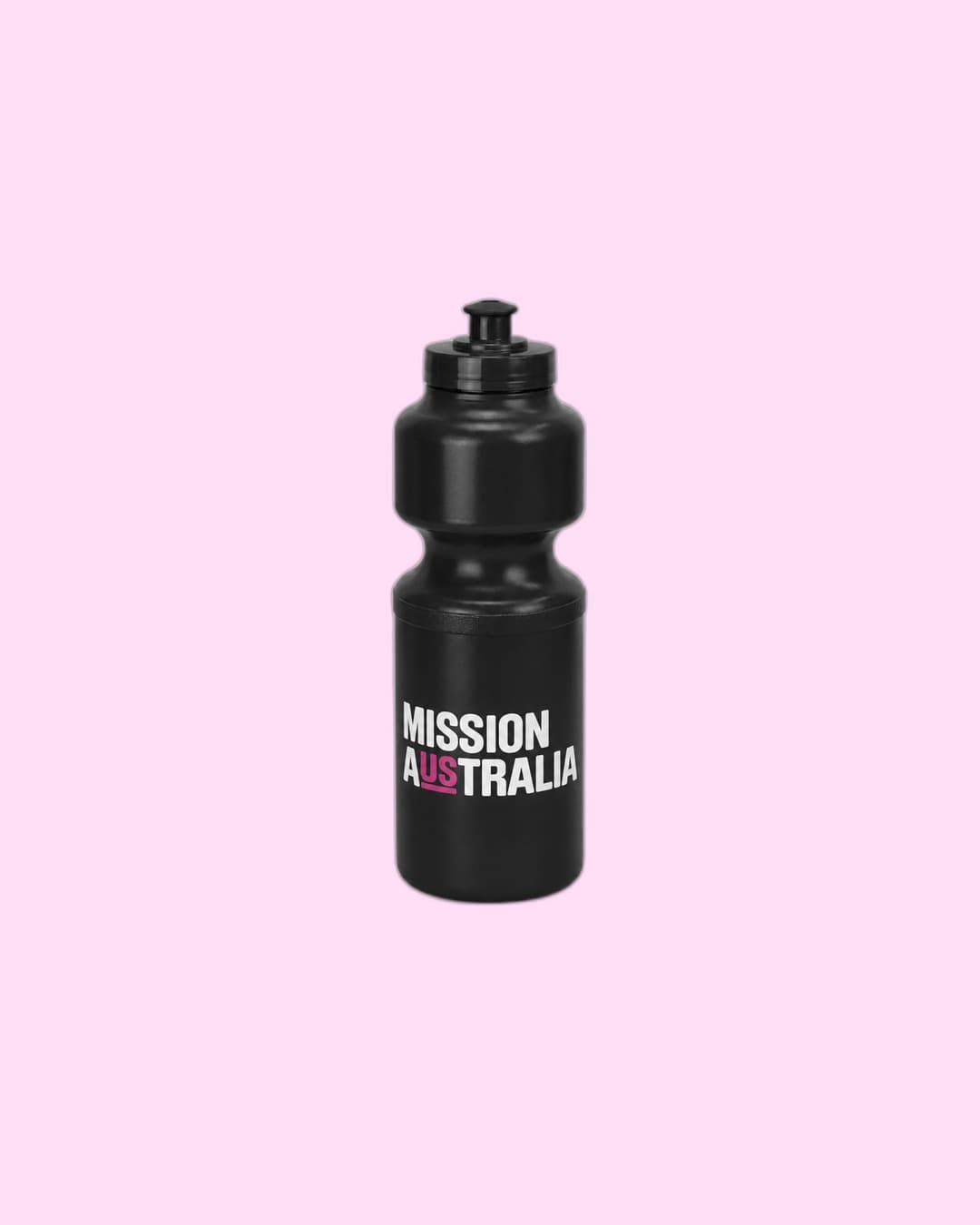 Mission Australia — Matte-black sports bottle with MISSION AUSTRALIA + pink AUS accent