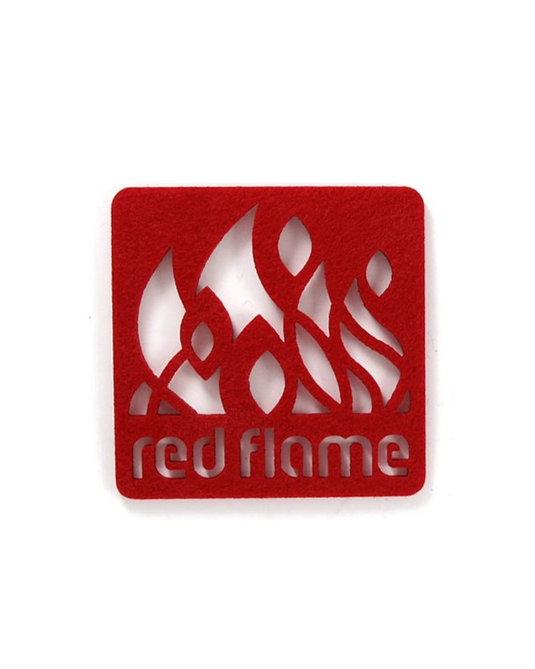 Red Flame — Laser-cut red felt coaster with negative-space wordmark