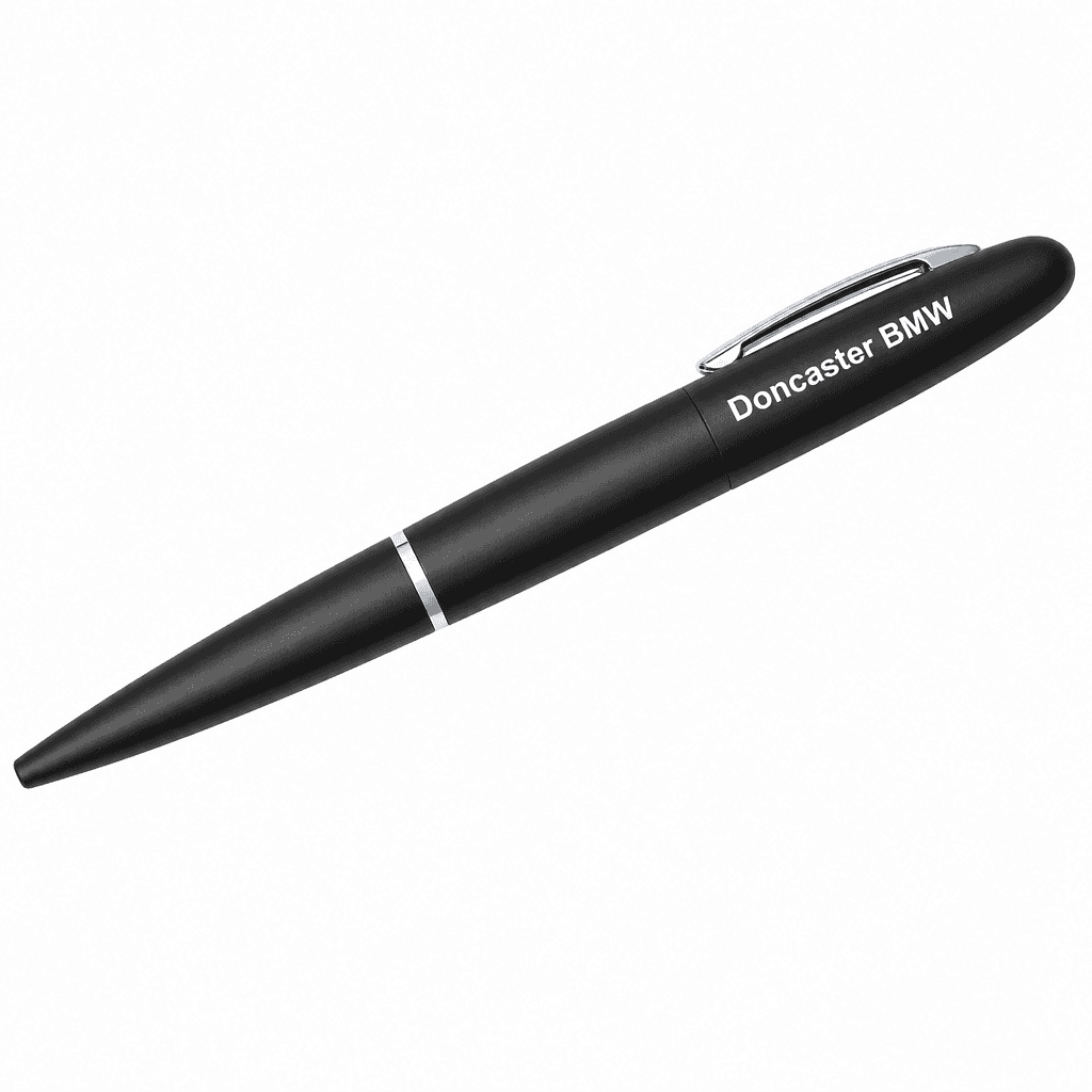 Matte black executive ballpoint pen with chrome clip and engraved Doncaster BMW wordmark — designed and made by Sense2.