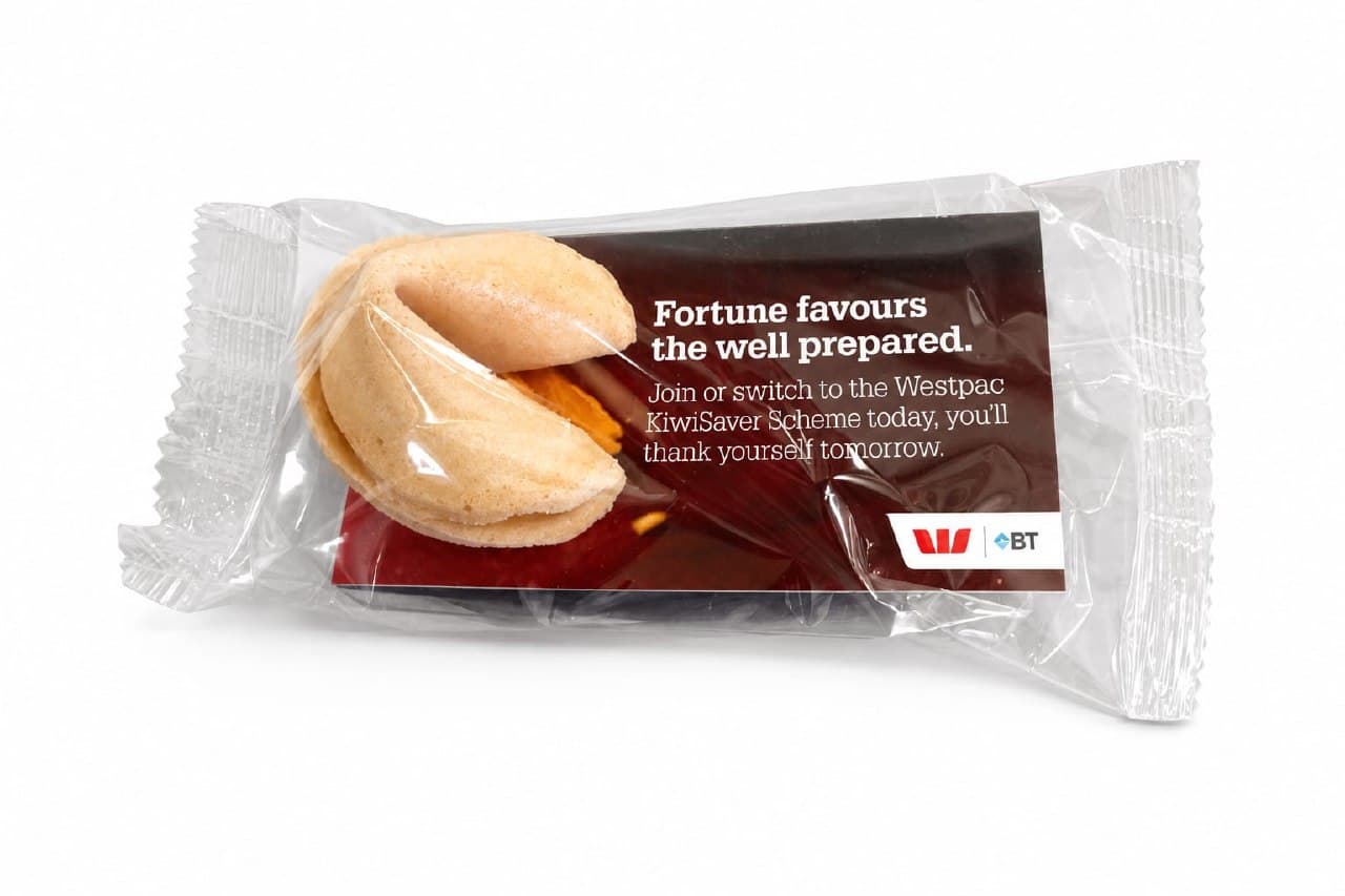 Westpac & BT branded fortune cookie, individually wrapped, with the message 'Fortune favours the well prepared. Join or switch to the Westpac KiwiSaver Scheme today, you'll thank yourself tomorrow.' — designed and made by Sense2 for Westpac New Zealand and BT.