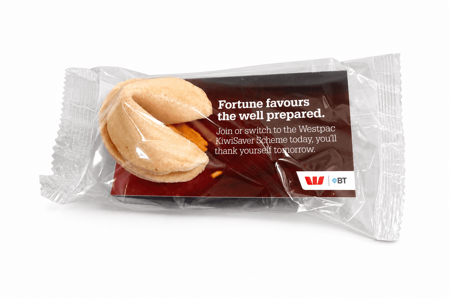 Individually wrapped Westpac KiwiSaver fortune cookie with ‘Fortune favours the well prepared’ campaign card — produced by Sense2.