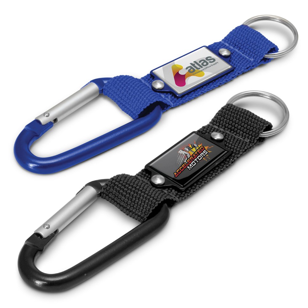 Gewebter Karabiner-Schlüsselanhänger mit Markenplatte