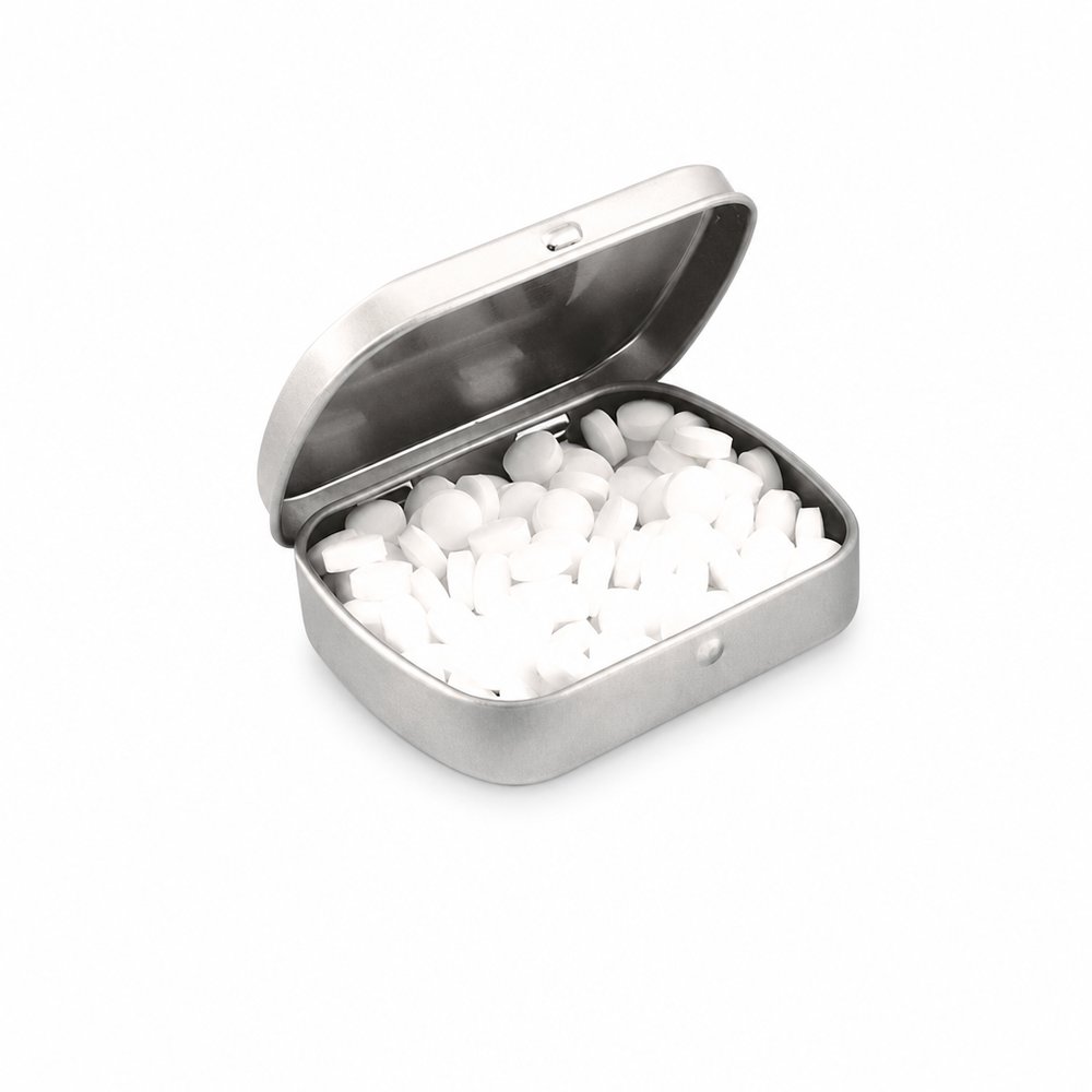 Bedruckte silberne Taschendose mit zuckerfreien Pfefferminzbonbons