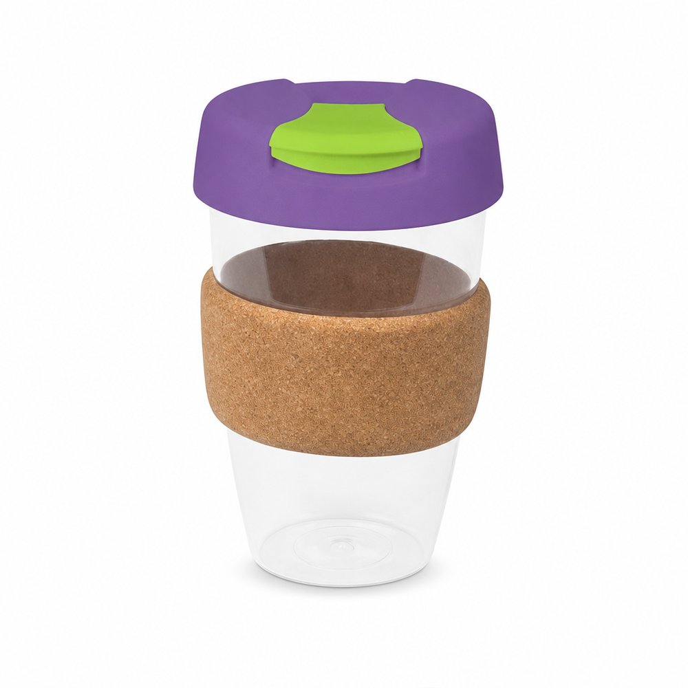 Transparenter Mehrweg-Kaffeebecher mit Korkband 535ml