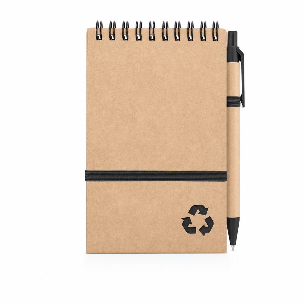 Spiralgebundene Notizblöcke aus recyceltem Papier mit Gummizug und Stift (klein)