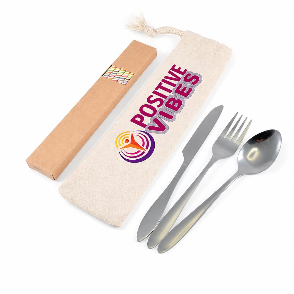 Reusable Cutlery Set with Paper Straws & Calico Pouch