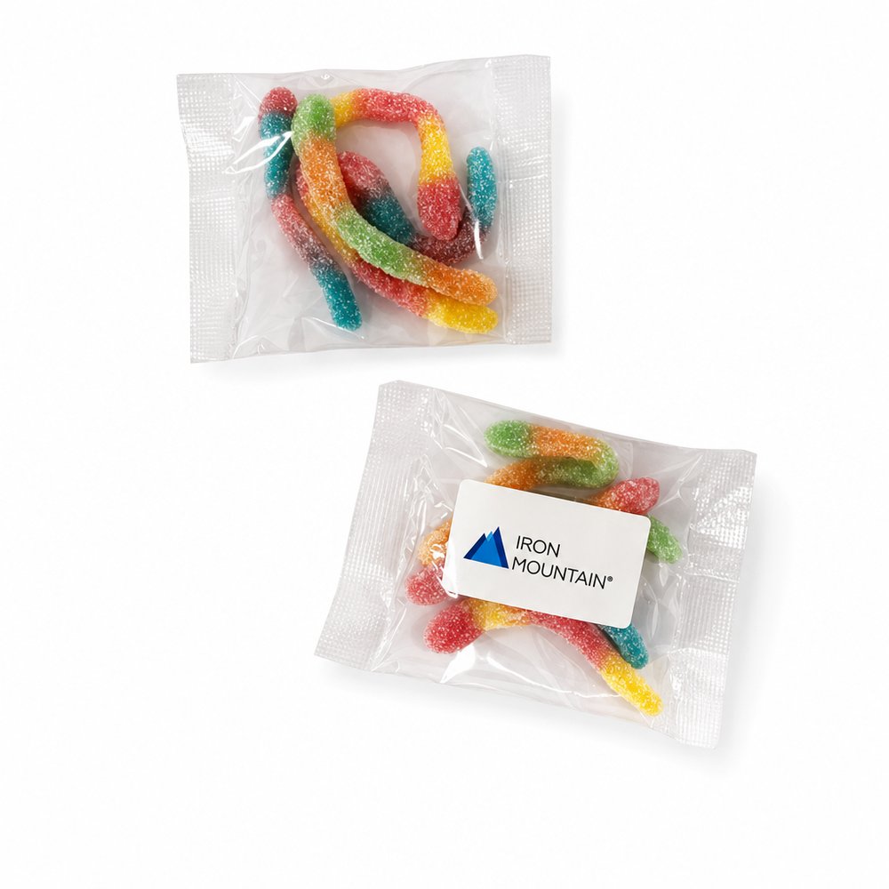 Branded Sour Worms 25g Cello Bag with Custom Sticker