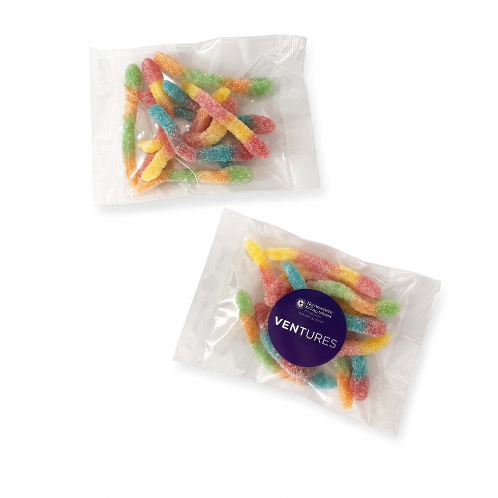 Branded Sour Worms 50g Cello Bag with Custom Sticker
