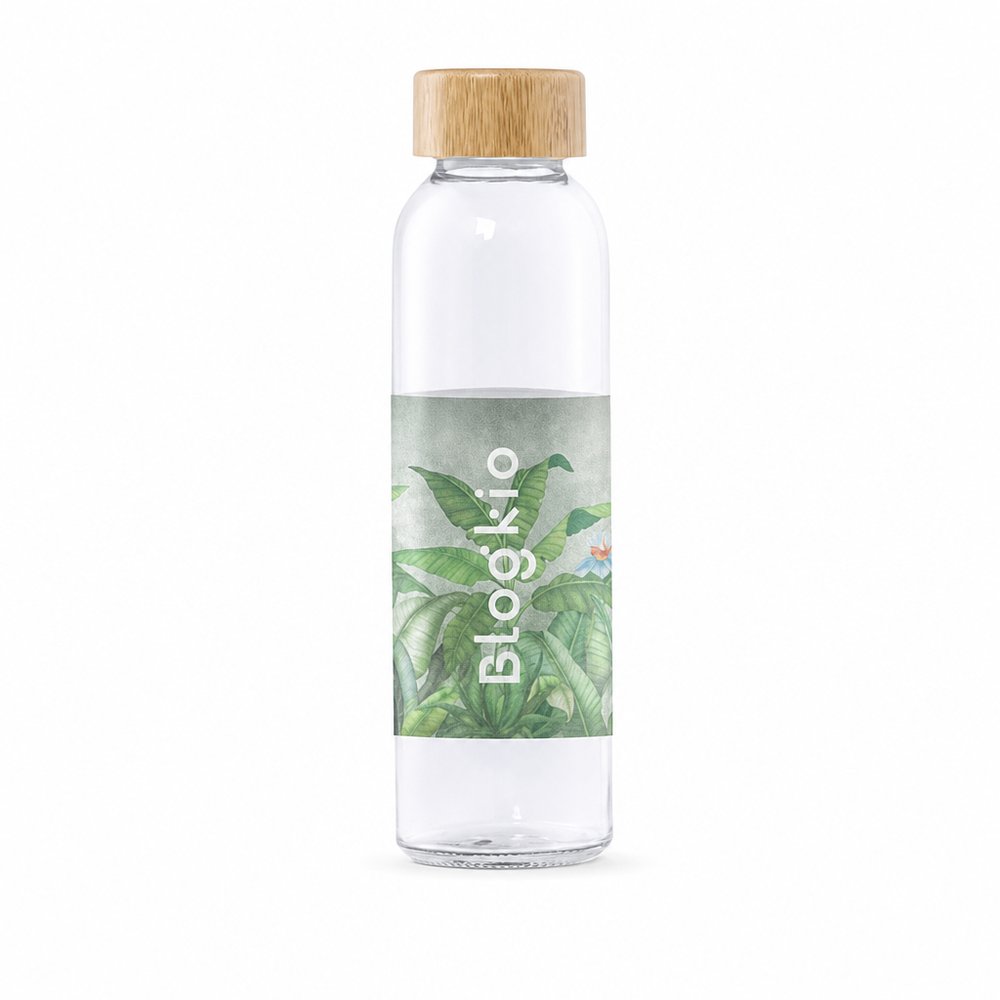 Full Colour Glass Drink Bottle with Bamboo Lid 500ml