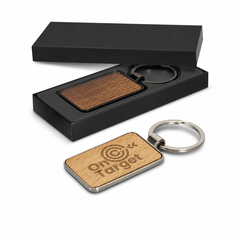 Rechteckiger Schlüsselanhänger aus Gunmetal mit Geschenkbox