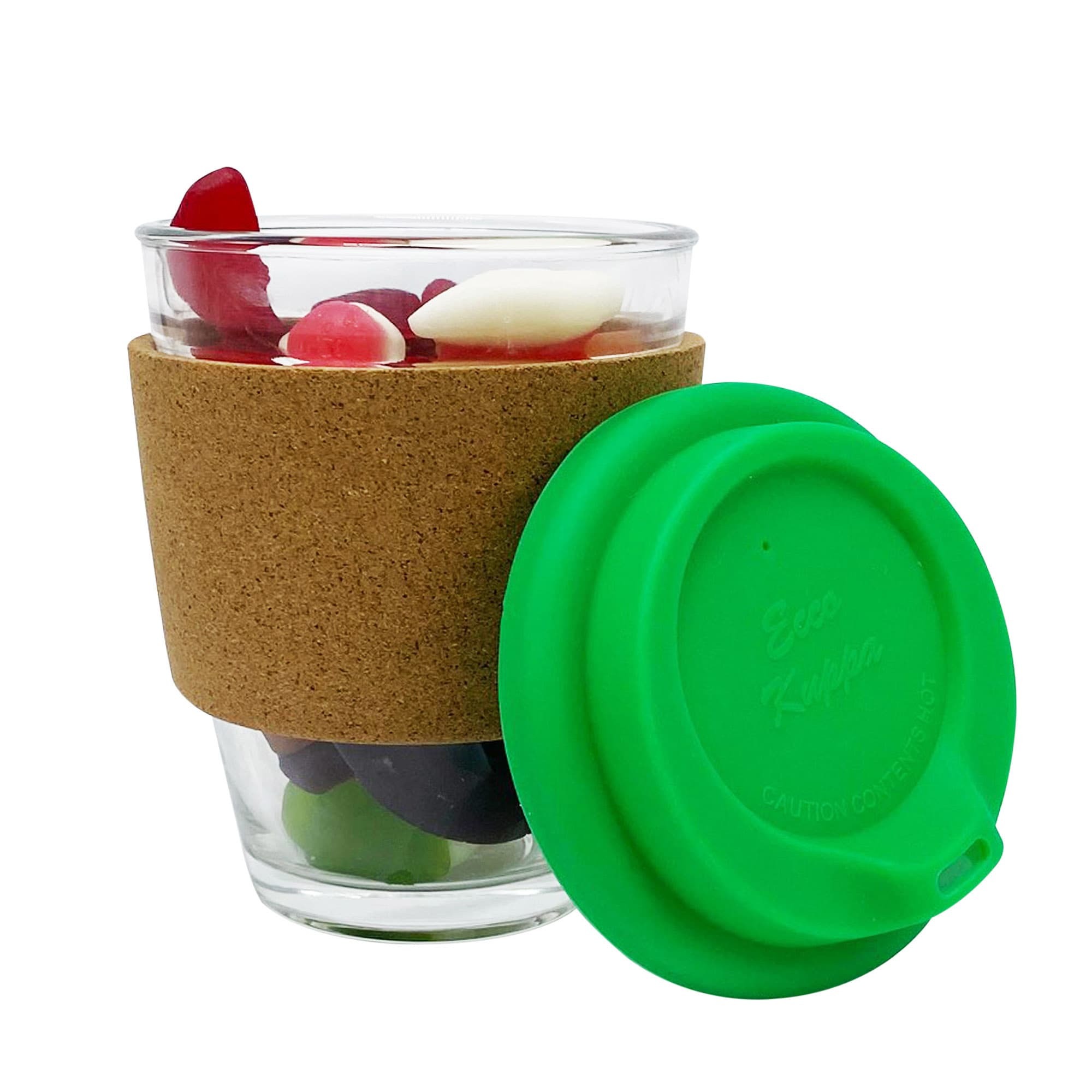 Glas-Kaffeebecher mit Korkband und Gelee-Mix